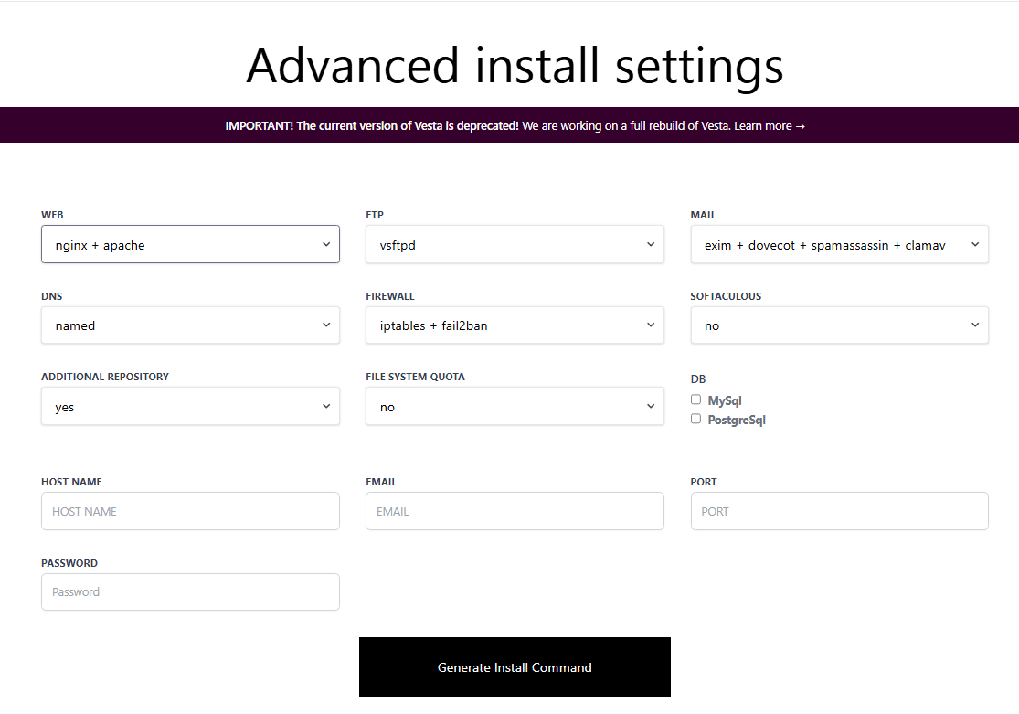 Điền thông tin vào phần Advanced Install Settings